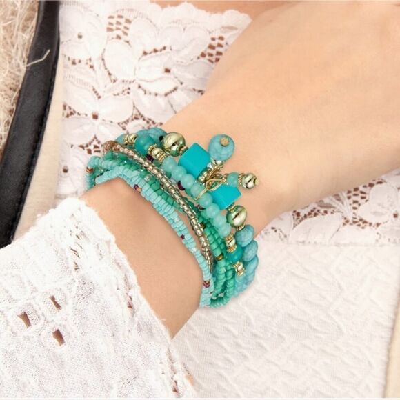 Stackable Bead Bracelets Ladies Stretch Multilayer Bracelet Set Turquois… - Picture 2 of 4